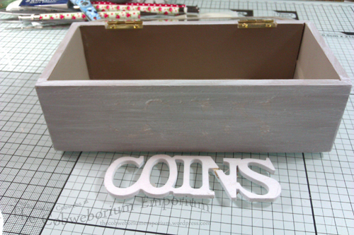 The broken  'COINS'. I'm showing you the inside of the box so that you can see what the colour originally was before I began throwing paint around.